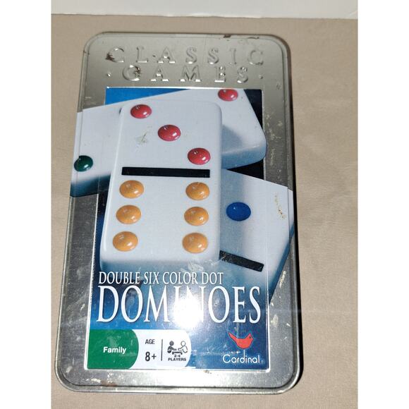 DOMINOS DOUBLE SIX SET COLOR DOT TABLE CLASSIC GAME - COLLECTIBLE TIN CONTAINER - Picture 1 of 6
